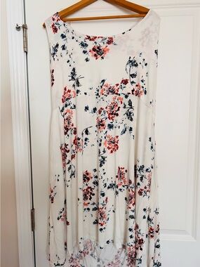 Women's White Floral Swing Dress with Coral & Navy Print